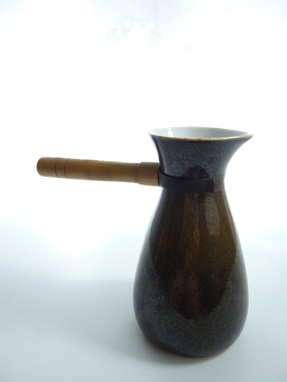 Vintage Brown Ceramic Creamer Pitcher Wood Handle, Rustic Coffee Tea Station